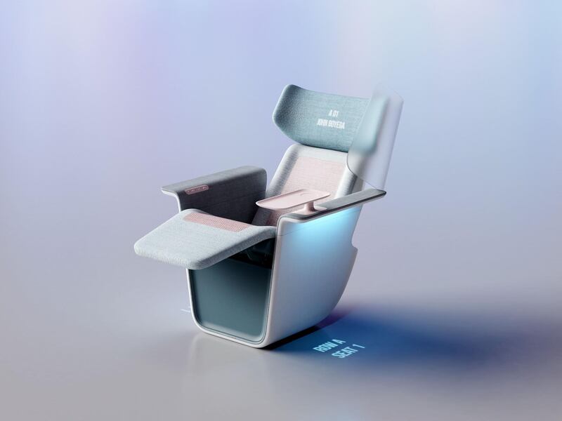 The seat has a swivelling side table with a cup holder and can be reclined or fully extended via a control panel fitted into the seat’s armrest.