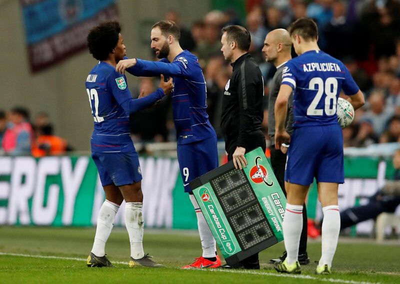 Chelsea's Gonzalo Higuain comes on as a substitute to replace Willian. Reuters