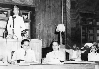 PAKISTAN - AUGUST 15:  In Karachi, after the British Empire declared India independent and created Pakistan, Ali JINNAH gave his investiture speech as governor general of Pakistan in the Assembly's building before the members of the new Pakistani government. The official title of governor general corresponds to the function of a head of government.  (Photo by Keystone-France/Gamma-Keystone via Getty Images)