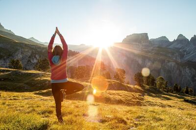 Yoga at Val Gardena in the Italian Dolomites. Adler Dolomiti