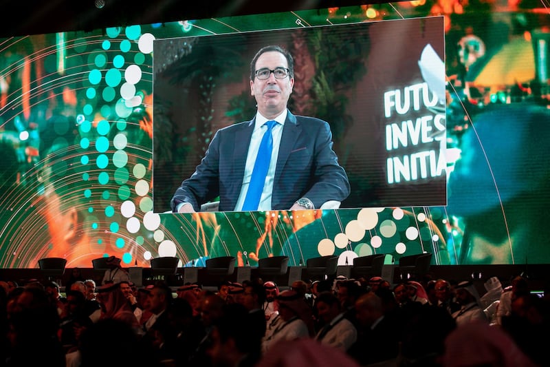 Steven Mnuchin, former US treasury secretary, appears onscreen during a panel session. Bloomberg