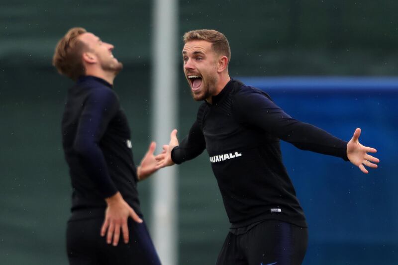 England's Harry Kane and Jordan Henderson during training. Reuters
