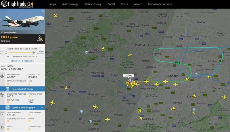Flight EK11 from Dubai to London Gatwick was diverted to London Heathrow. Courtesy Flightradar24