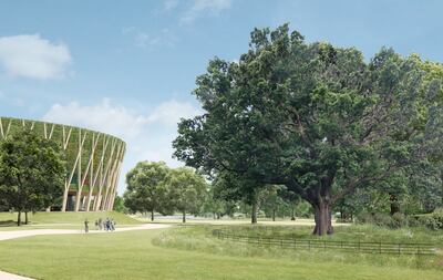 An artist's impression of the planned 8,000-seater show court and adjacent parkland. Photo: AELTC