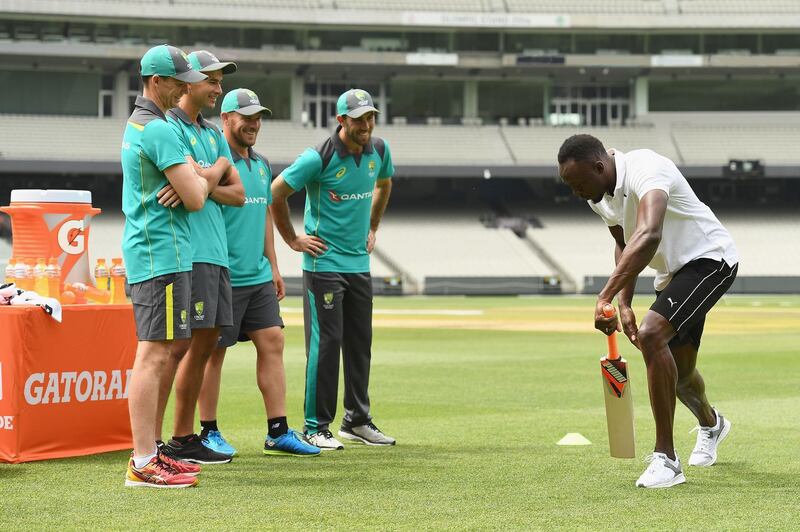 MELBOURNE, AUSTRALIA - NOVEMBER 10:  Usain Bolt (R) coaches Australian cricketers Glenn Maxwell, Ashton Agar, Peter Handscomb and Aaron Finch during the Gatorade Fastest Run at the Melbourne Cricket Ground on November 10, 2017 in Melbourne, Australia.  (Photo by Quinn Rooney/Getty Images for Gatorade)