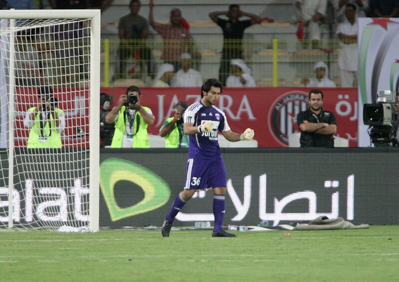 Dubai, United Arab Emirates, Sep 17, 2012 -  Dawoud Sulaiman, GK from  Al Ain celebrate after stoping a penal from Al Jazira playerduring the  Super Cup final match at Al Wasl Sports Club.  ( Jaime Puebla / The National Newspaper )