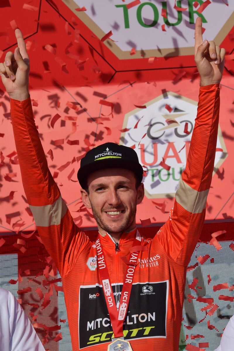 Adam Yates wearing the General Classification leader’s Red Jersey after winning Stage 3. AFP