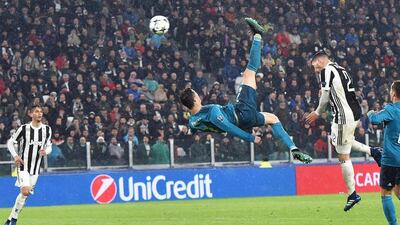 Cristiano Ronaldo's bicycle kick goal against Juventus in the first leg of the 2018 Uefa Champions League quarter-final had Turin fans applauding the Real Madrid striker. EPA 