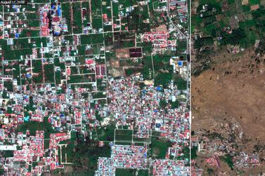 The Petobo neighbourhood in Palu pictured on August 17, 2018 and after the earthquake and tsunami on October 1. DigitalGlobe via AP