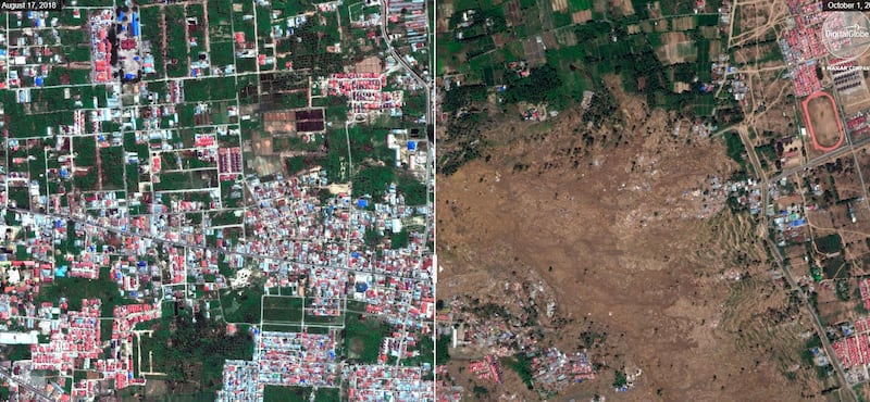 The Petobo neighbourhood in Palu pictured on August 17, 2018 and after the earthquake and tsunami on October 1. DigitalGlobe via AP