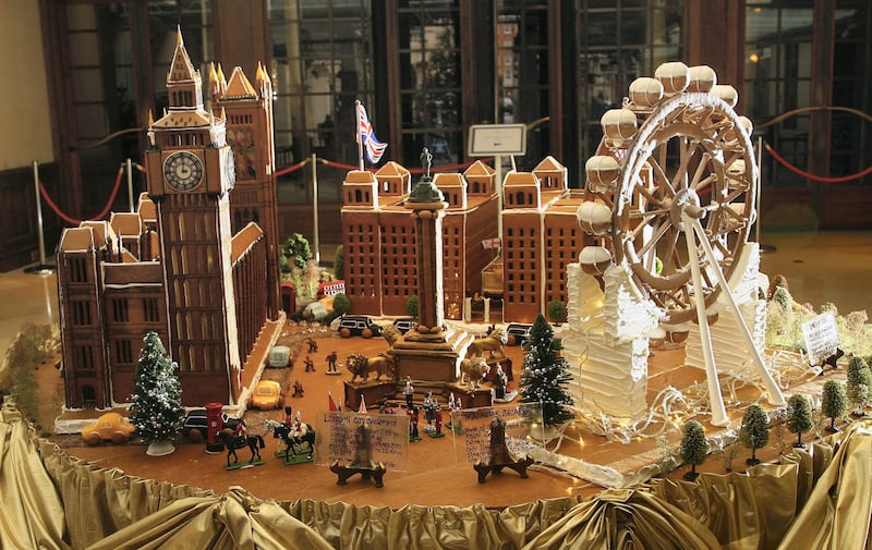 LONDON - DECEMBER 04:  A gv of a gingerbread Houses of Parliment and London Eye creation by Chef Beate Woellstein at the Grosvenor House Hotel on December 4, 2007 in London, England. The creation is 2.5 diameters and used 50 kilos of gingerbread dough.  (Photo by Gareth Cattermole/Getty Images)