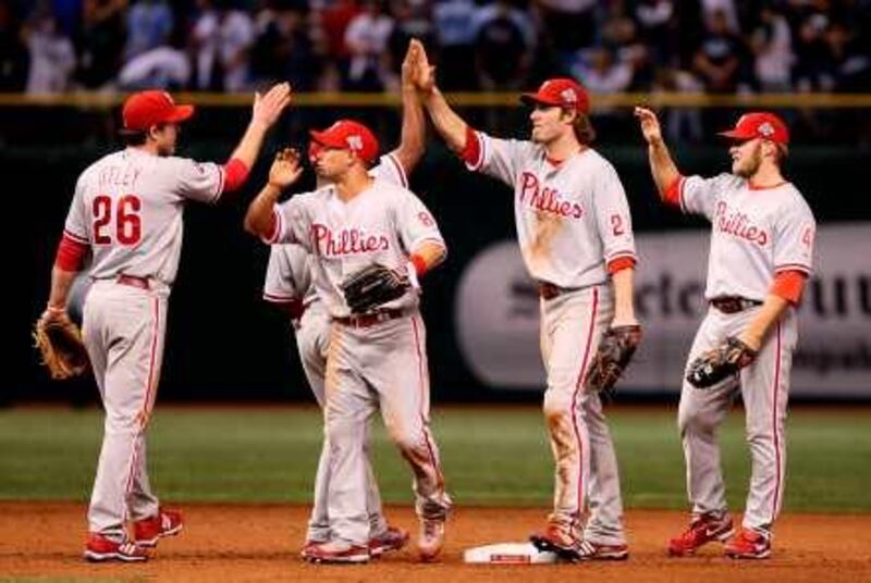 ST PETERSBURG, FL - OCTOBER 22: The Philadelphia Phillies celebrates after defeating the Tampa Bay Rays to win game one of the 2008 MLB World Series on October 22, 2008 at Tropicana Field in St. Petersburg, Florida.   Elsa/Getty Images/AFP
== FOR NEWSPAPERS, INTERNET, TELCOS & TELEVISION USE ONLY == *** Local Caption ***  543955-01-08.jpg