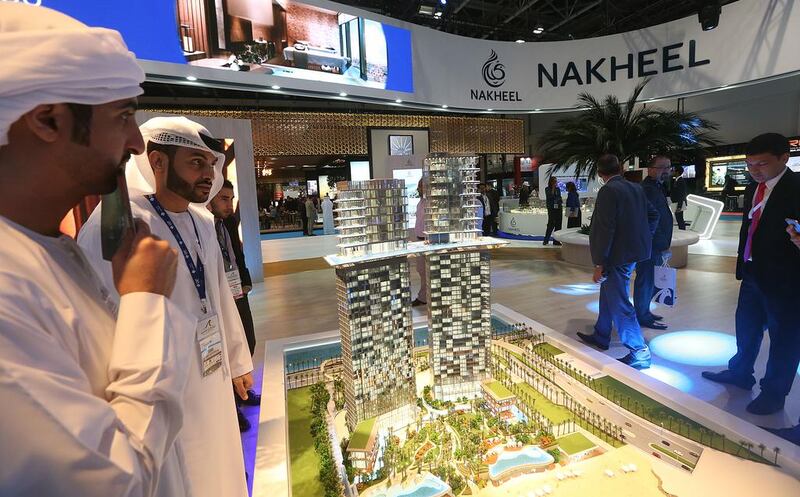 A model of Nakheel’s Palm 360 project, a 220 metre-high hotel and residential tower complex, unveiled at this year’s Cityscape Global exhibition in September 2017. Organisers have announced on-site sales are permitted again at the conference this year. Satish Kumar / The National