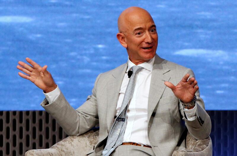 FILE PHOTO: Jeff Bezos, founder of Amazon and Blue Origin speaks at the John F. Kennedy Library in Boston, Massachusetts, U.S., June 19, 2019.  REUTERS/Katherine Taylor/File Photo