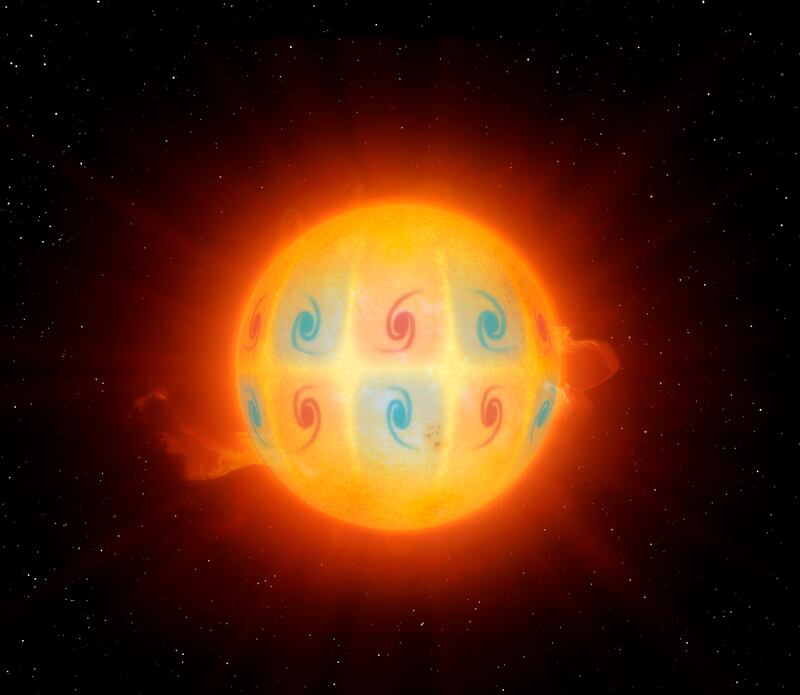 High-frequency retrograde waves detected on the surface of the sun. The red in the image is for anti-clockwise rotation and blue is for clockwise rotation. Photo: Dr Mark Garlick