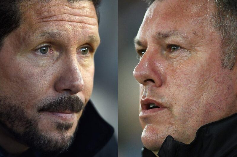 Atletico Madrid manager Diego Simeone, left, and Leicester City manager Craig Shakespeare will meet in the Uefa Champions League quarter-finals on Wednesday. Laurence Griffiths / Getty Images