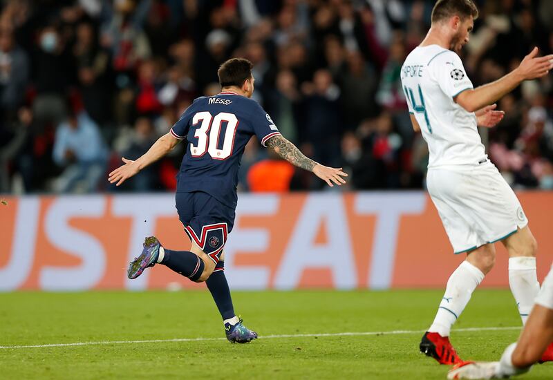 Paris Saint-Germain's Lionel Messi celebrates his first goal for the club. EPA