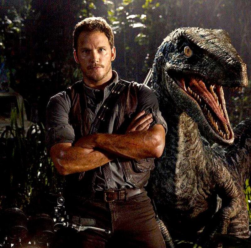 Chris Pratt and a prehistoric pal in Jurassic World. Courtesy Amblin Entertainment
