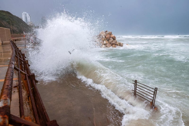 Waves batter a promenade along Israel’s Mediterranean coastal city of Netanya. AFP
