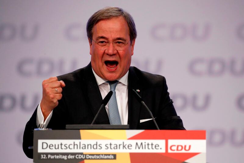 Armin Laschet gives a speech during the party's annual congress in Leipzig. AFP