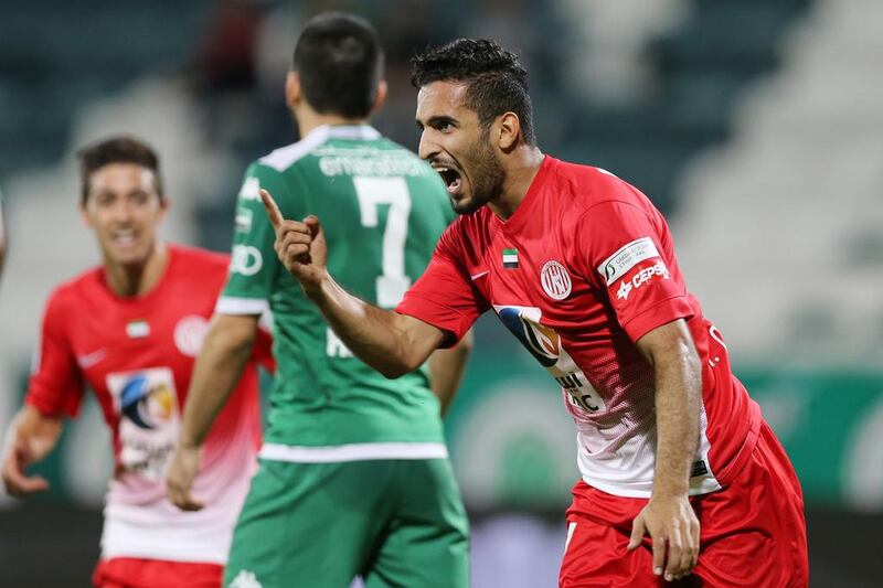 Ali Mabkhout of Al Jazira celebrates after scoring a goal during the Arabian Gulf League match against  Al Shabab. Courtesy Ashraf Al Amra / Al Ittihad

