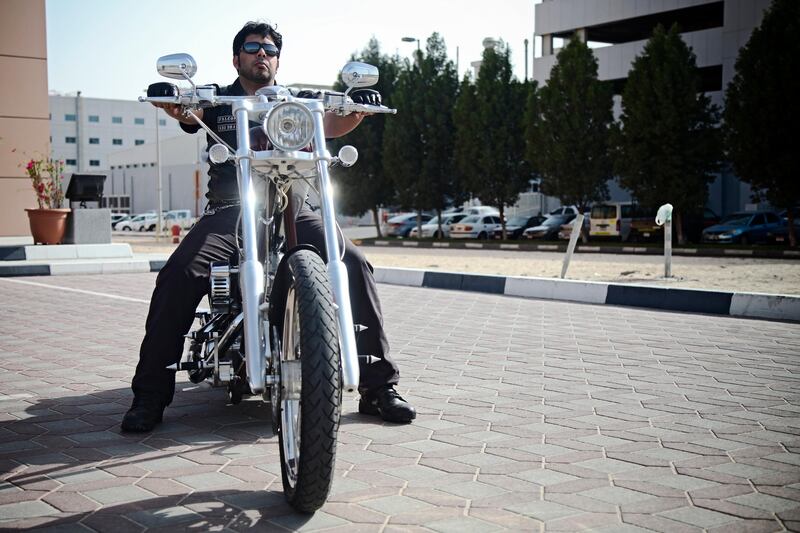 April 16, 2013, Mussafah Industrial Complex, Abu Dhabi, UAE:
Custom made motorcycles are becoming more of a regular site in Abu Dhabi. 2 members of the Abu Dhabi Falcons, a local riding group, caught up with The National to show off their choppers.

Seen here is Ahmed Abudulla Al Masabi on his motorcycle. 



Lee Hoagland/The National