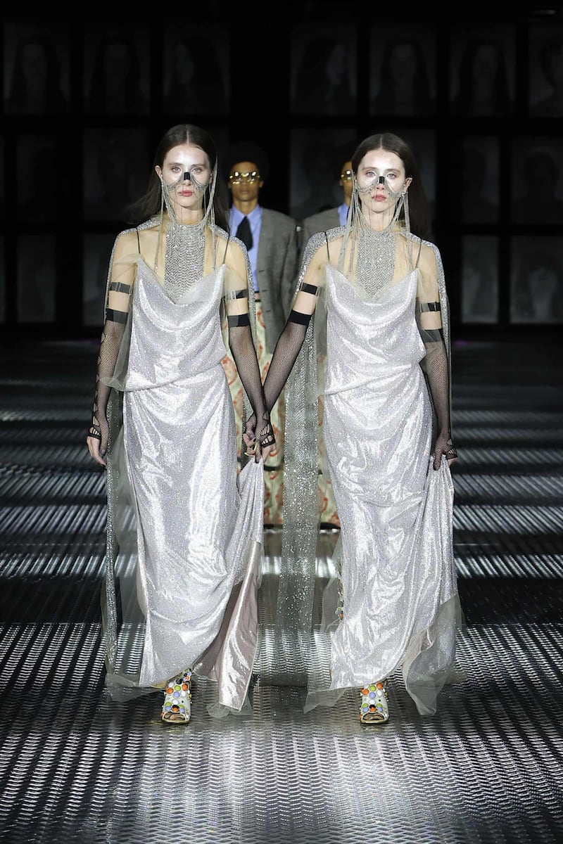 Gucci offered slinky metallic styles.