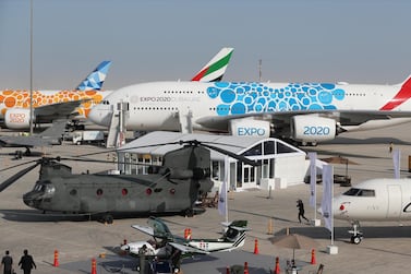 epa08002933 Planes sit on the tarmac during the first day of the Dubai Airshow 2019 at Al Maktoum International Airport in Jebel Ali, Dubai, United Arab Emirates, 17 November 2019. The airshow will run from 17 November to 21 November 2019. EPA/ALI HAIDER