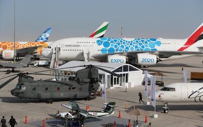 epa08002933 Planes sit on the tarmac during the first day of the Dubai Airshow 2019 at Al Maktoum International Airport in Jebel Ali, Dubai, United Arab Emirates, 17 November 2019. The airshow will run from 17 November to 21 November 2019.  EPA/ALI HAIDER