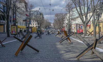 Anti-tank obstacles laid out along a street in Odesa. AFP