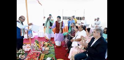 A prayer is made during a groundbreaking ceremony for a new Hindu temple in Jebel Ali on Saturday. Courtesy Sindhi Guru Darbar temple trust