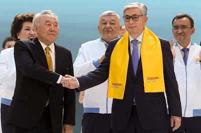 Kazakhstan's President Kassym-Jomart Tokayev, right, and Former Kazakh President Nursultan Nazarbayev in Nur-Sultan, the capital city of Kazakhstan, on June 7, 2019. AP
