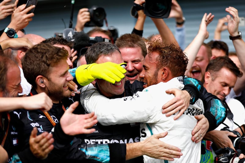 MONZA, ITALY - SEPTEMBER 02:  Race winner Lewis Hamilton of Great Britain and Mercedes GP celebrates in parc ferme during the Formula One Grand Prix of Italy at Autodromo di Monza on September 2, 2018 in Monza, Italy.  (Photo by Will Taylor-Medhurst/Getty Images)