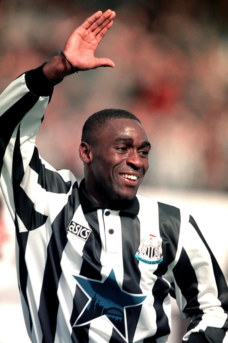ANDY COLE, NEWCASTLE UNITED celebrates scoring a hat-trick. NEWCASTLE UNITED v LEICESTER CITY  (Photo by Neal Simpson/EMPICS via Getty Images)