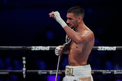 Hamzah Sheeraz celebrates with the WBO belt after beating Ezequiel Gurria on July 24 in London. Reuters