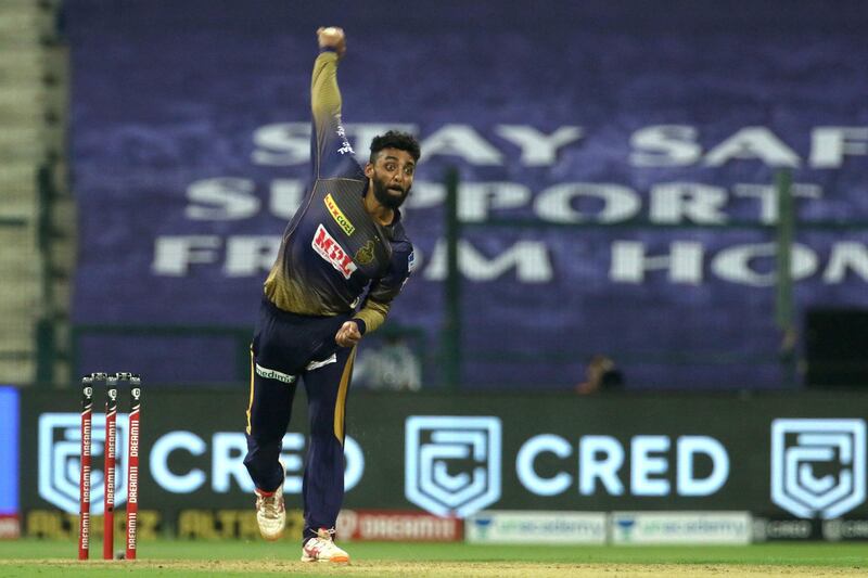 Varun Chakaravarthy of Kolkata Knight Riders bowls during match 8 of season 13 of the Dream 11 Indian Premier League (IPL) between the Kolkata Knight Riders and the Sunrisers Hyderabad held at the Sheikh Zayed Stadium, Abu Dhabi in the United Arab Emirates on the 26th September 2020.  Photo by: Vipin Pawar  / Sportzpics for BCCI