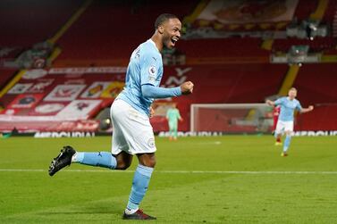 Manchester City's Raheem Sterling celebrates after scoring against Liverpool at Anfield. AP