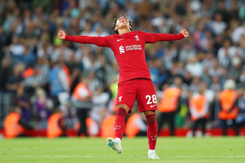 LIVERPOOL, ENGLAND - AUGUST 31: Fabio Carvalho of Liverpool celebrates their side's win after the final whistle ofthe Premier League match between Liverpool FC and Newcastle United at Anfield on August 31, 2022 in Liverpool, England. (Photo by Alex Livesey / Getty Images)