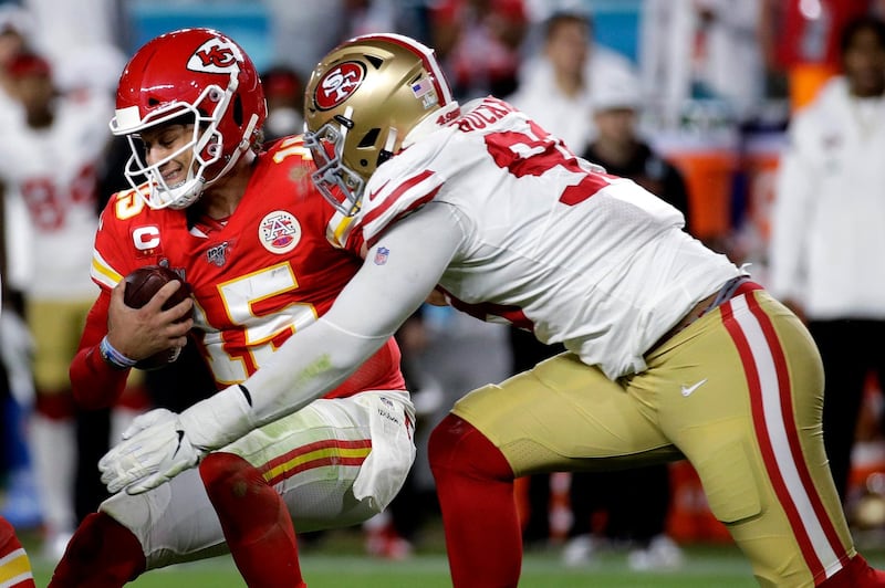 Kansas City Chiefs quarterback Patrick Mahomes is sacked by San Francisco 49ers' DeForest Buckner. AP