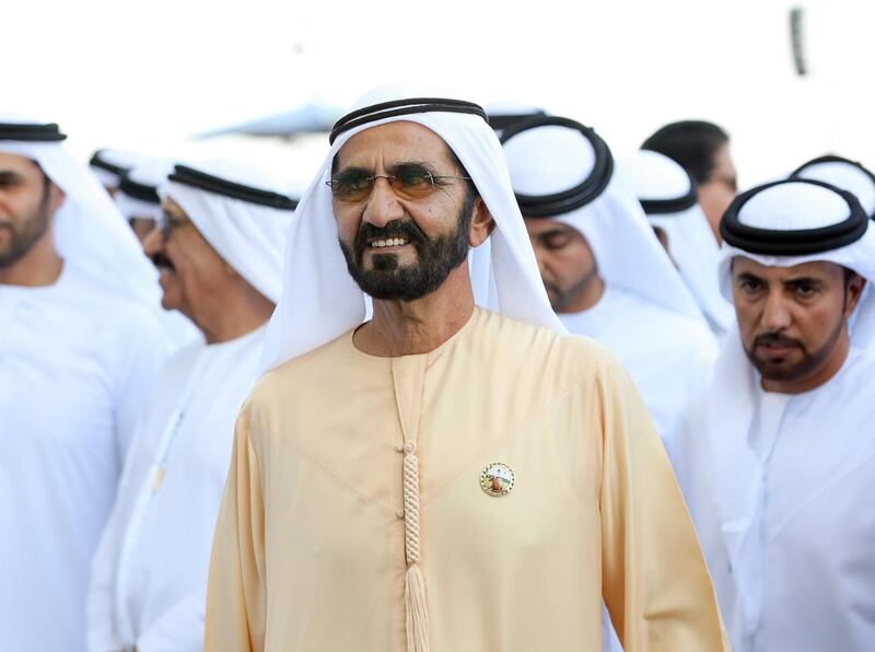 Dubai, United Arab Emirates - March 30, 2019: Sheikh Mohammed bin Rashid Al Maktoum looks happy as Cross Counter ridden by William Buick wins the Dubai Gold Cup during the Dubai World Cup. Saturday the 30th of March 2019 at Meydan Racecourse, Dubai. Chris Whiteoak / The National