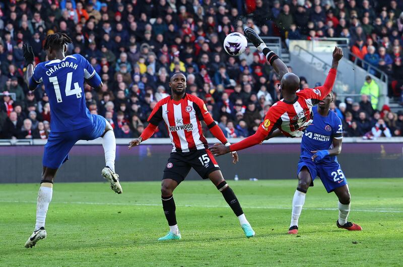 Brentford's Yoane Wissa scores their second goal against Chelsea in the Premier League at the Gtech Community Stadium on March 2, 2024. Reuters