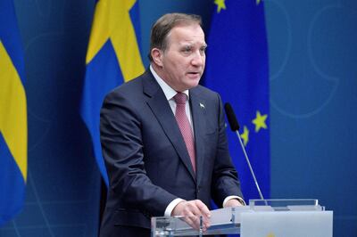 Swedish Prime Minister Stefan Lofven speaks about new restrictions for the coronavirus pandemic at a news conference in Stockholm, Sweden December 18, 2020. TT News Agency/Jessica Gow via REUTERS THIS IMAGE HAS BEEN SUPPLIED BY A THIRD PARTY. SWEDEN OUT. NO COMMERCIAL OR EDITORIAL SALES IN SWEDEN