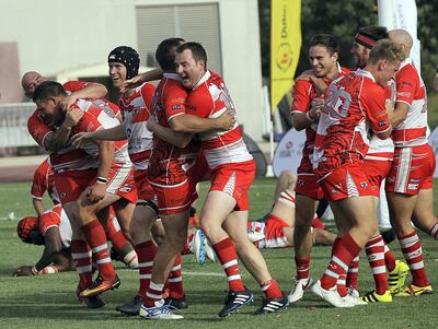 Dubai, April 13, 2018: Dubai Tigers celebrates after winning the finals match against Sharjah Wanderers during the UAE Conference finals match at the Rugby Park in Dubai. Satish Kumar for the National / Story by Paul Radley