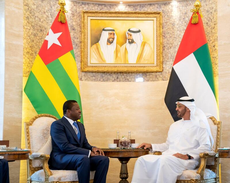 ABU DHABI, UNITED ARAB EMIRATES - March 11, 2019: HH Sheikh Mohamed bin Zayed Al Nahyan, Crown Prince of Abu Dhabi and Deputy Supreme Commander of the UAE Armed Forces (R), meets with Faure Gnassingbé, Presdient of Togo (L), at Al Shati Palace.

( Mohamed Al Hammadi / Ministry of Presidential Affairs )
---