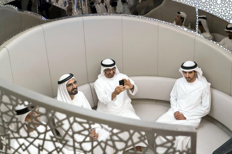 DUBAI, UNITED ARAB EMIRATES -September 17, 2017: HH Sheikh Mohamed bin Zayed Al Nahyan Crown Prince of Abu Dhabi Deputy Supreme Commander of the UAE Armed Forces (2nd R) and HH Sheikh Mohamed bin Rashid Al Maktoum, Vice-President, Prime Minister of the UAE, Ruler of Dubai and Minister of Defence (3rd R), visit Dubai Model for Government Services at Emirates Tower. Seen with HH Sheikh Hamdan bin Mohamed Al Maktoum, Crown Prince of Dubai (R).

( Rashed Al Mansoori / Crown Prince Court - Abu Dhabi )
---