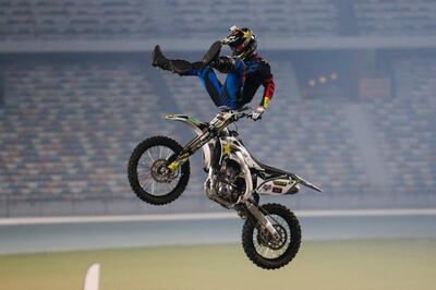 ABU DHABI, UAE. December 5, 2014 - Dare devils perform stunts on motor bikes at Nitro Circus at Zayed Sports Stadium in Abu Dhabi, December 5, 2014. (Photos by: Sarah Dea/The National, Story by: Standalone, News)
