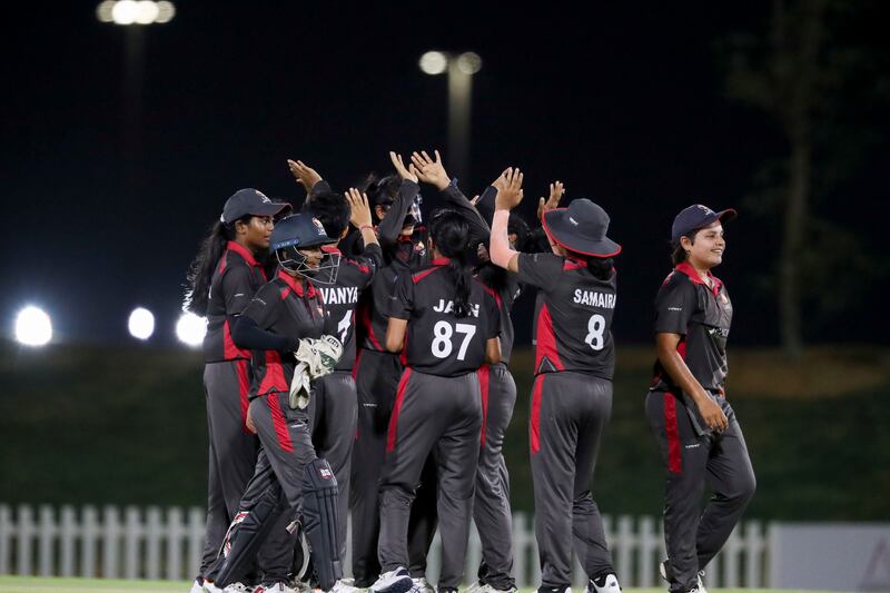 UAE players celebrate during the T20 Women's World Cup Qualifier victory against Zimbabwe at Tolerance Oval, Abu Dhabi, on September 21. All pictures: Khushnum Bhandari / The National
