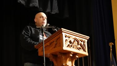 US-Palestinian comedian Amer Zahr leads a pro-Palestine rally in Dearborn, Michigan. Photo: Joshua Longmore / The National