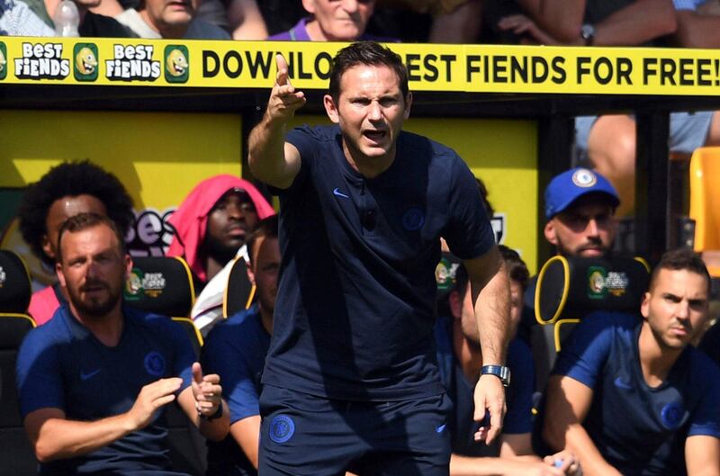 Chelsea manager Frank Lampard gestures on the touchline. PA via AP