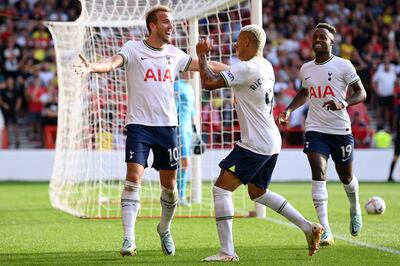 Harry Kane of Tottenham Hotspur celebrates with Richarlison after scoring their team's second goal. Getty Images